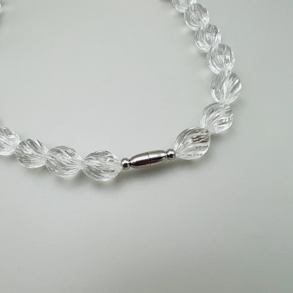 Vintage Bead Necklace Faceted Clear Crystal 30 in Silvertone Rhinestone Stations